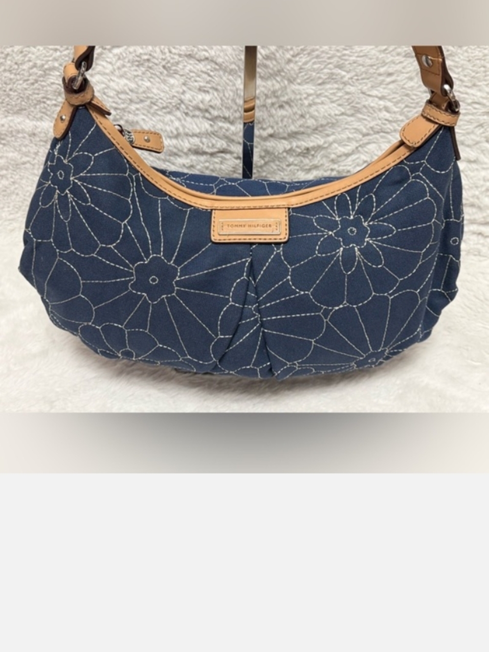 Tommy Hilfiger Navy Floral Stitch Hobo with Tan Trim